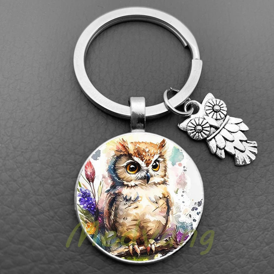 New Cute Owl Keychain with Large Eyes Owl Retro Pattern Glass Convex Keychain Creative Men's and Women's Car Bag Pendant Jewelry