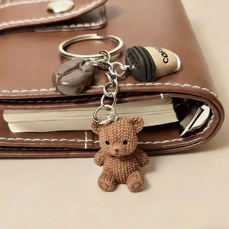 Bear Coffee Charm Keychain with Metal Ring