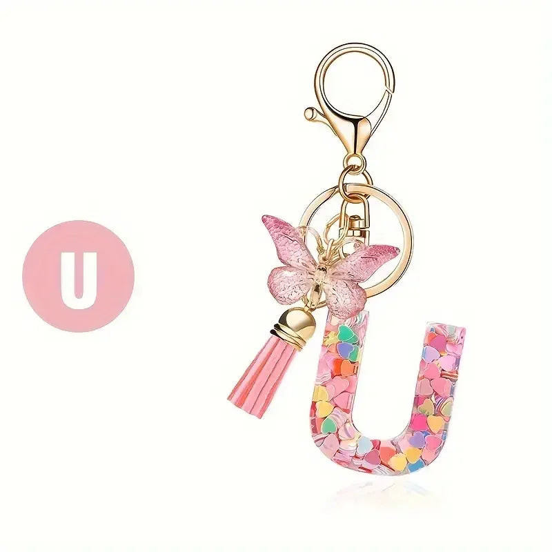 Initial Letter Keychain with Butterfly and Tassel