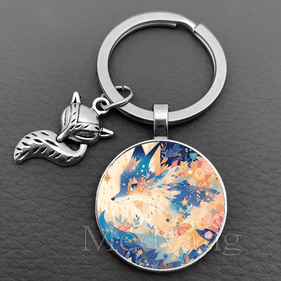 Fox Glass Cabochon Keychain with Sculpted Charm