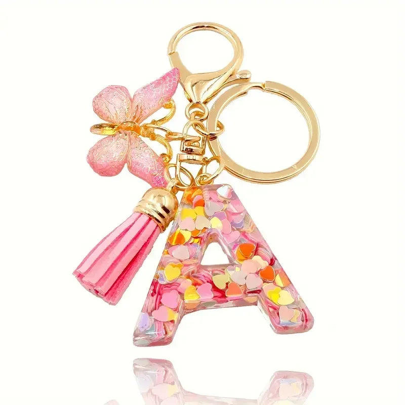 Initial Letter Keychain with Butterfly and Tassel
