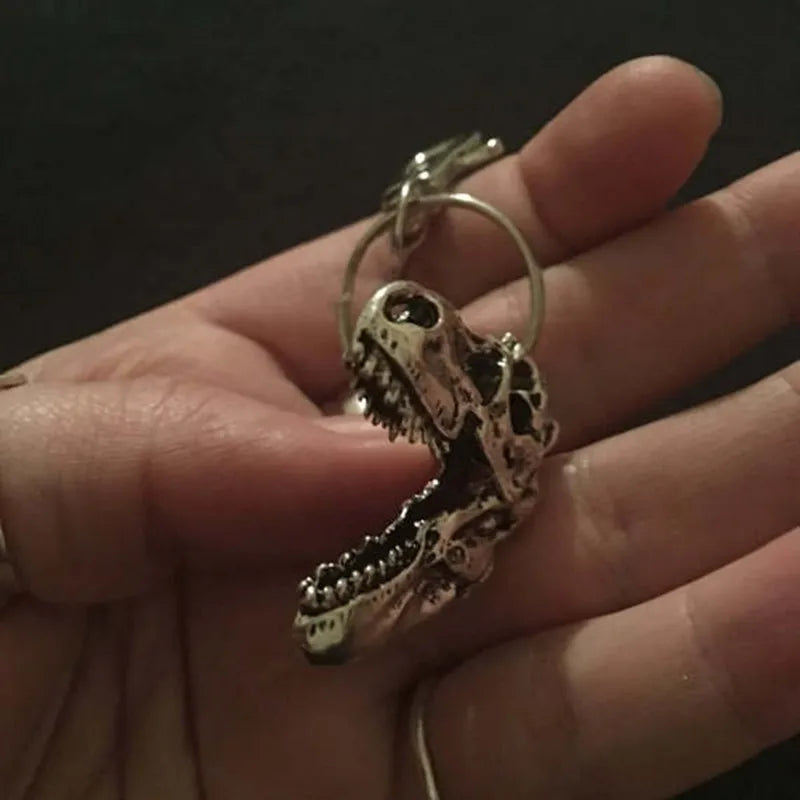 T-Rex Skull Keychain in Antique Silver Tone