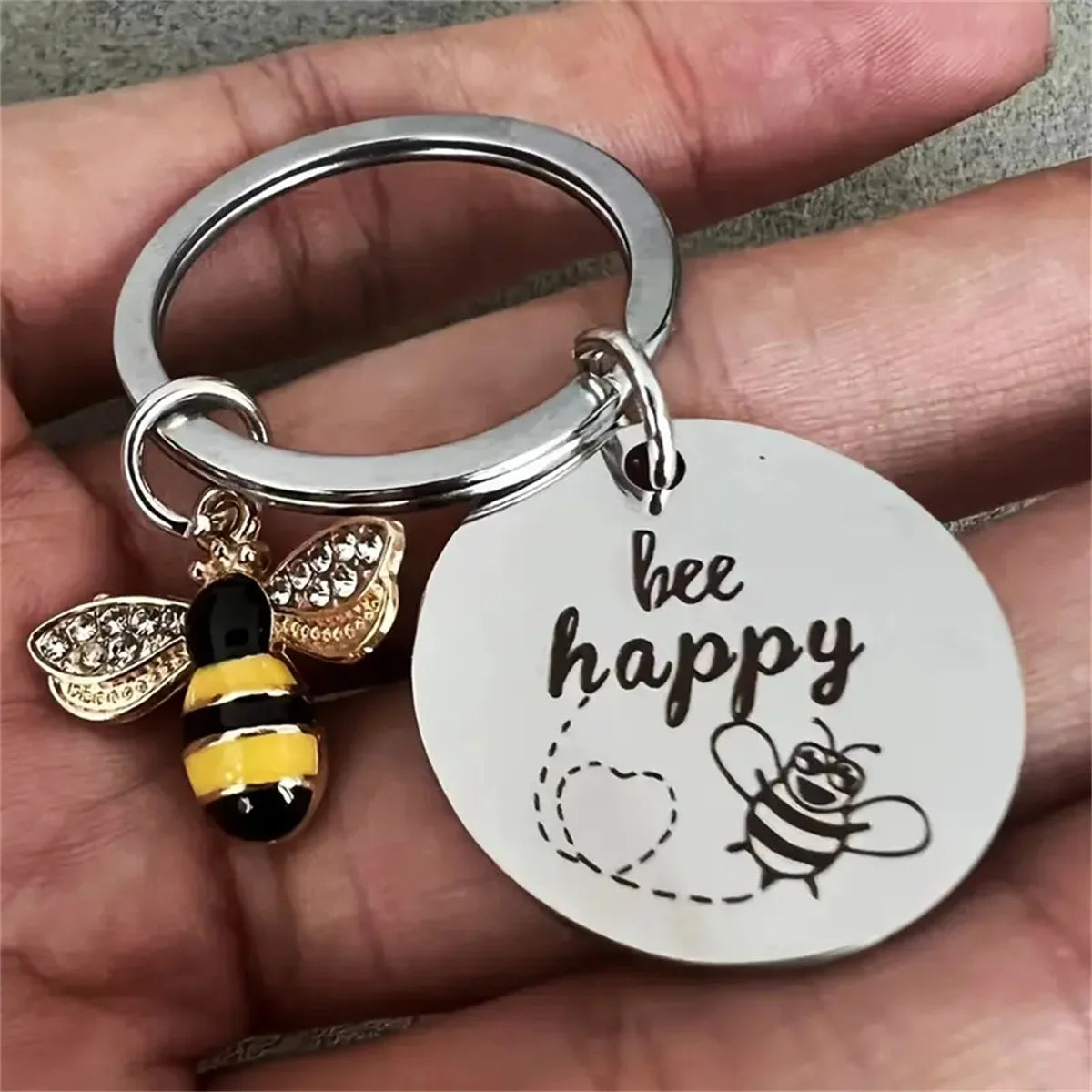 Bee Happy Keychain with Enamel Charm