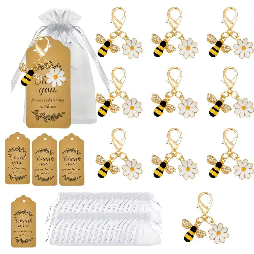36-Piece Bee and Daisy Keychain Set: Includes 12 Bee Keychains, 12 Cards, and 12 Tulle Bags.