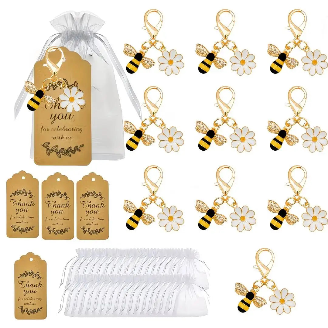36-Piece Bee and Daisy Keychain Set: Includes 12 Bee Keychains, 12 Cards, and 12 Tulle Bags.