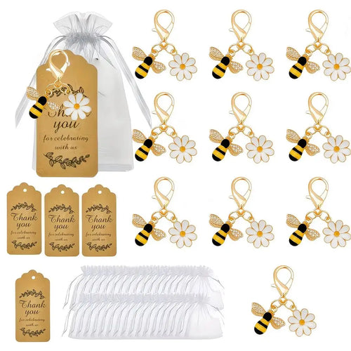 36-Piece Bee and Daisy Keychain Set: Includes 12 Bee Keychains, 12 Cards, and 12 Tulle Bags.