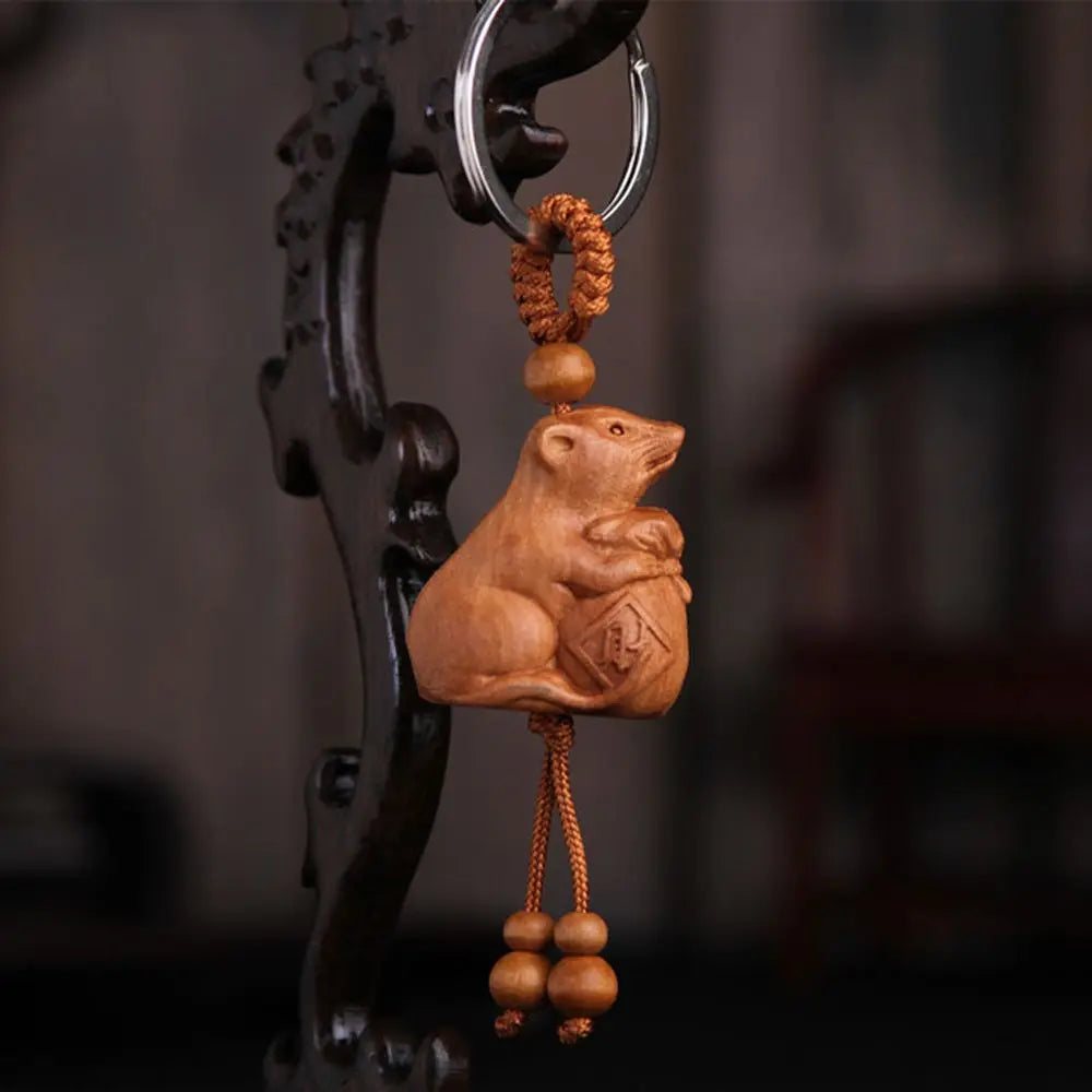 Carved Mahogany Zodiac Animal Keychain