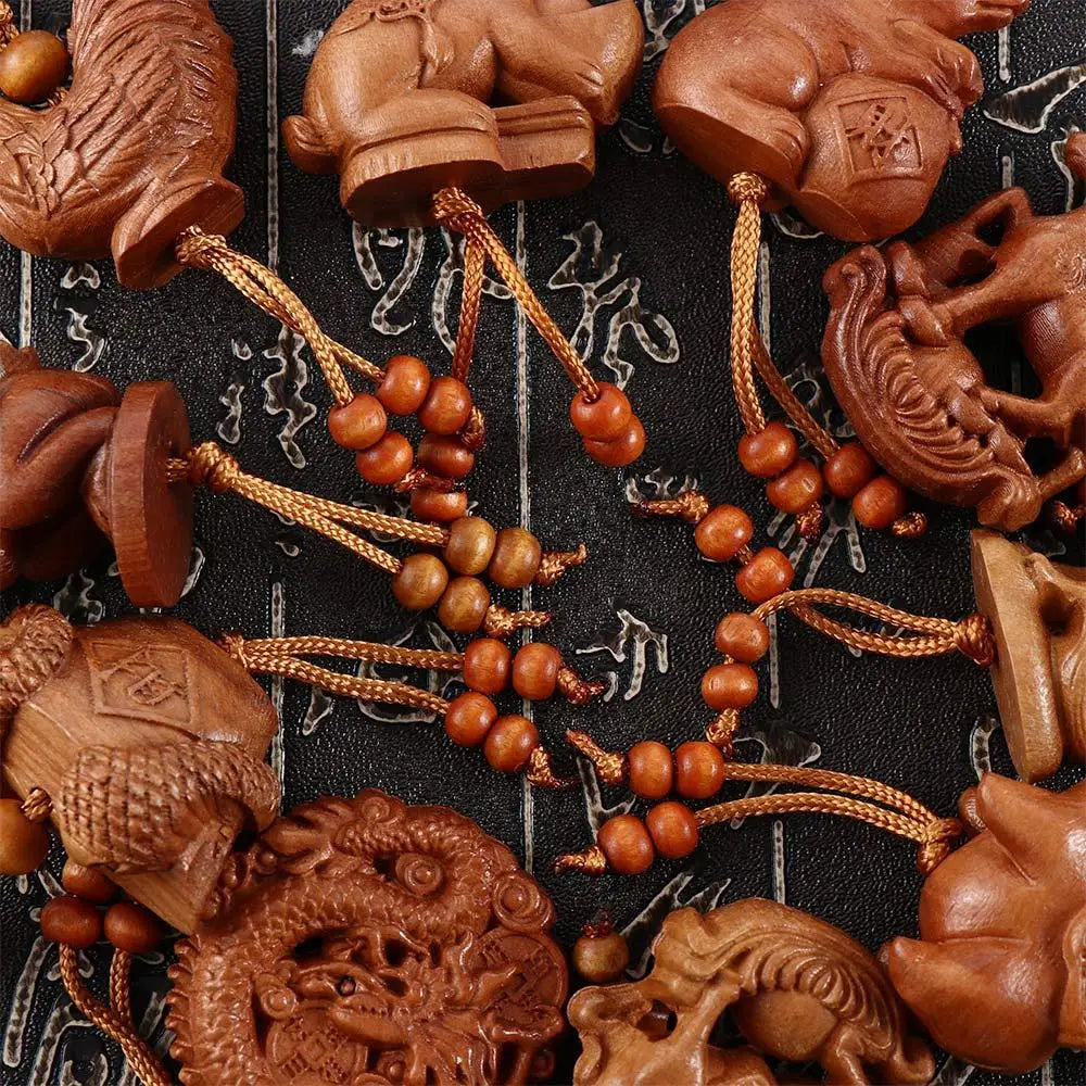Snake Creative Lucky Gift Bag Pendant Mascot Car Key Ring Key Chain Mahogany Keychain Chinese 12 Zodiac Engraving Wood Keyring