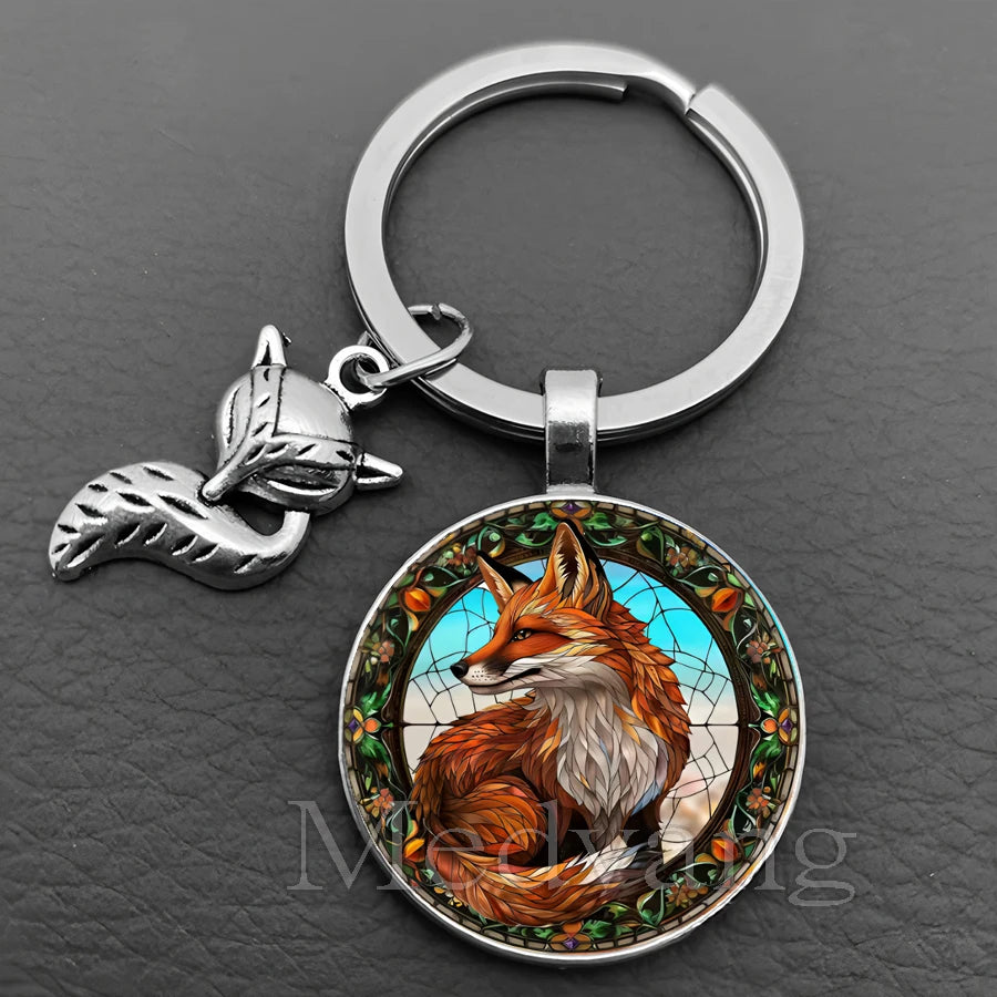 Fox Glass Cabochon Keychain with Sculpted Charm