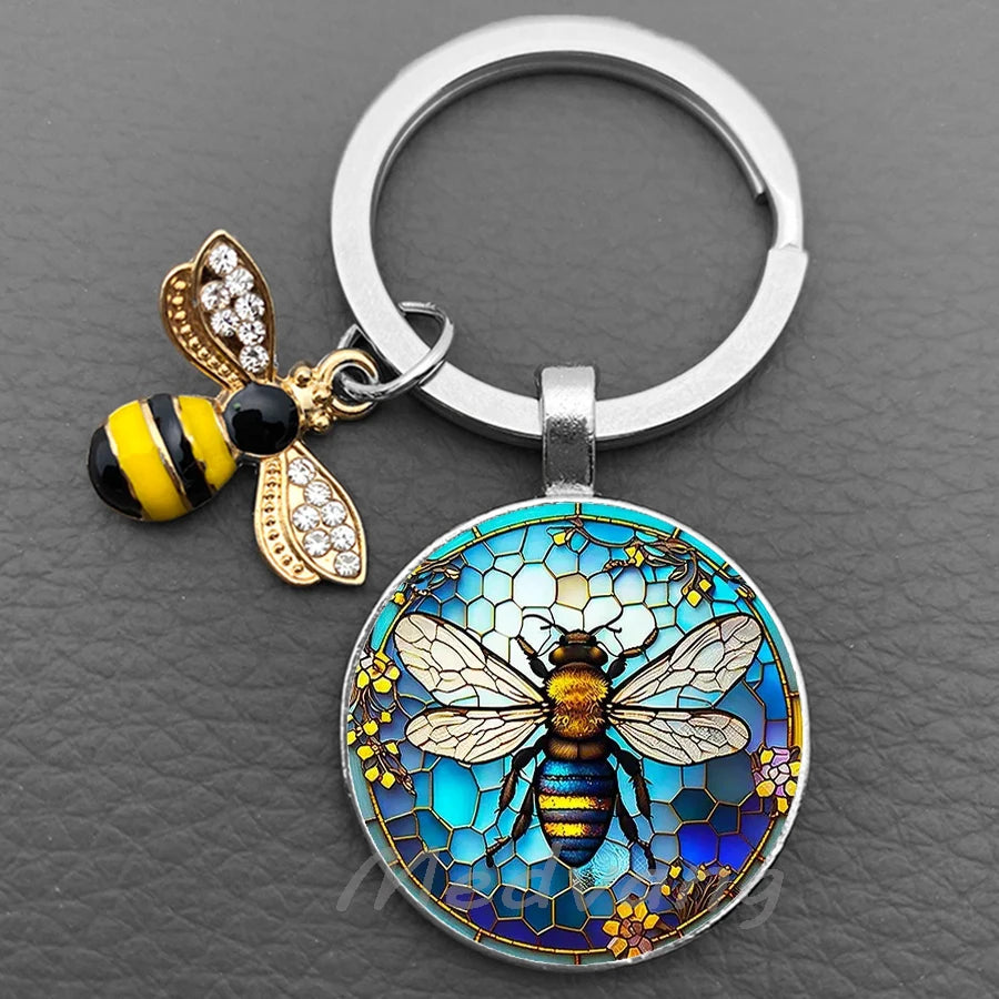 Bee-Themed Glass Dome Keychain with Charm