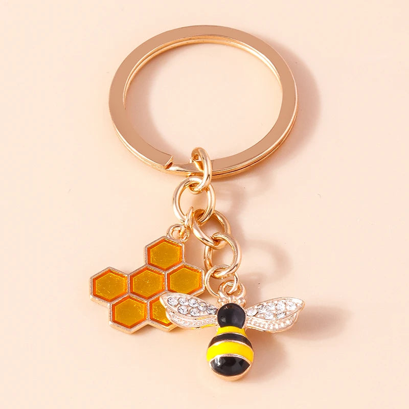 Bee and Honeycomb Keychain in Rose Gold Tone