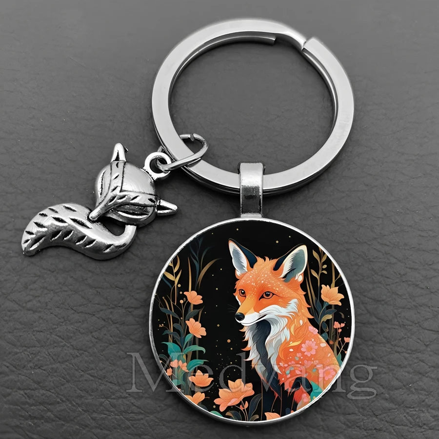 Fox Glass Cabochon Keychain with Sculpted Charm