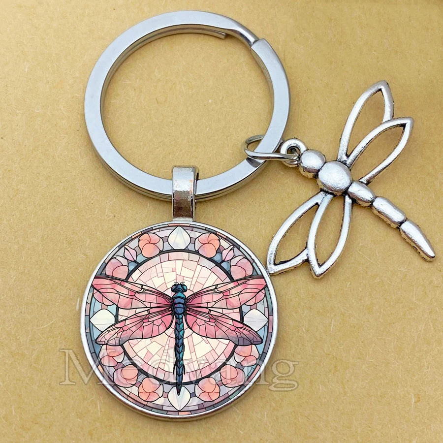 Dragonfly Glass Dome Pendant Keychain