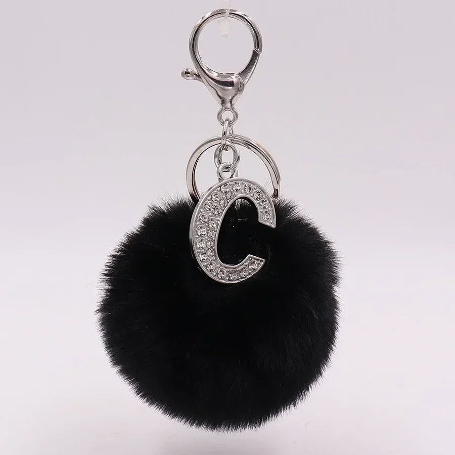 Black Plush Pom-Pom Keychain with Rhinestone Initial
