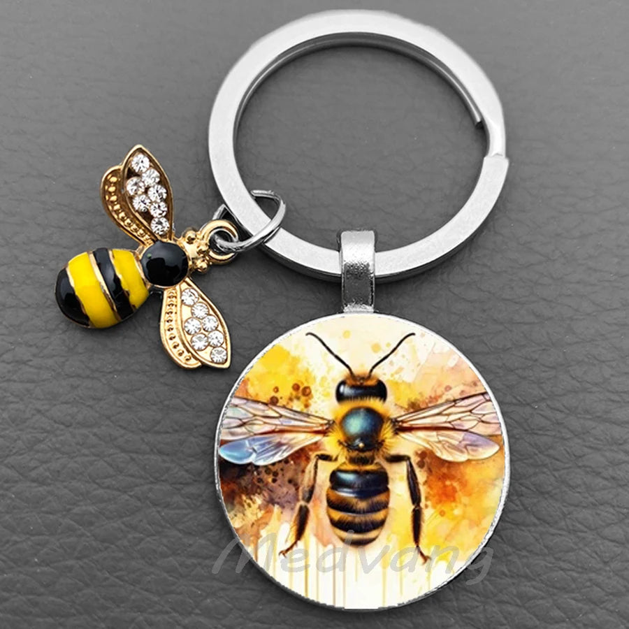 Bee-Themed Glass Dome Keychain with Charm