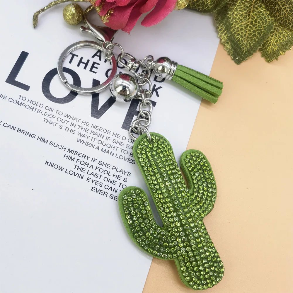 Rhinestone Cactus Keychain with Fringe Tassel