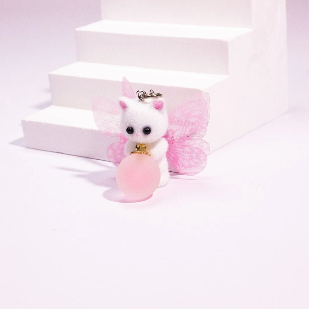 Flocked Cat Keychain with Butterfly Wings
