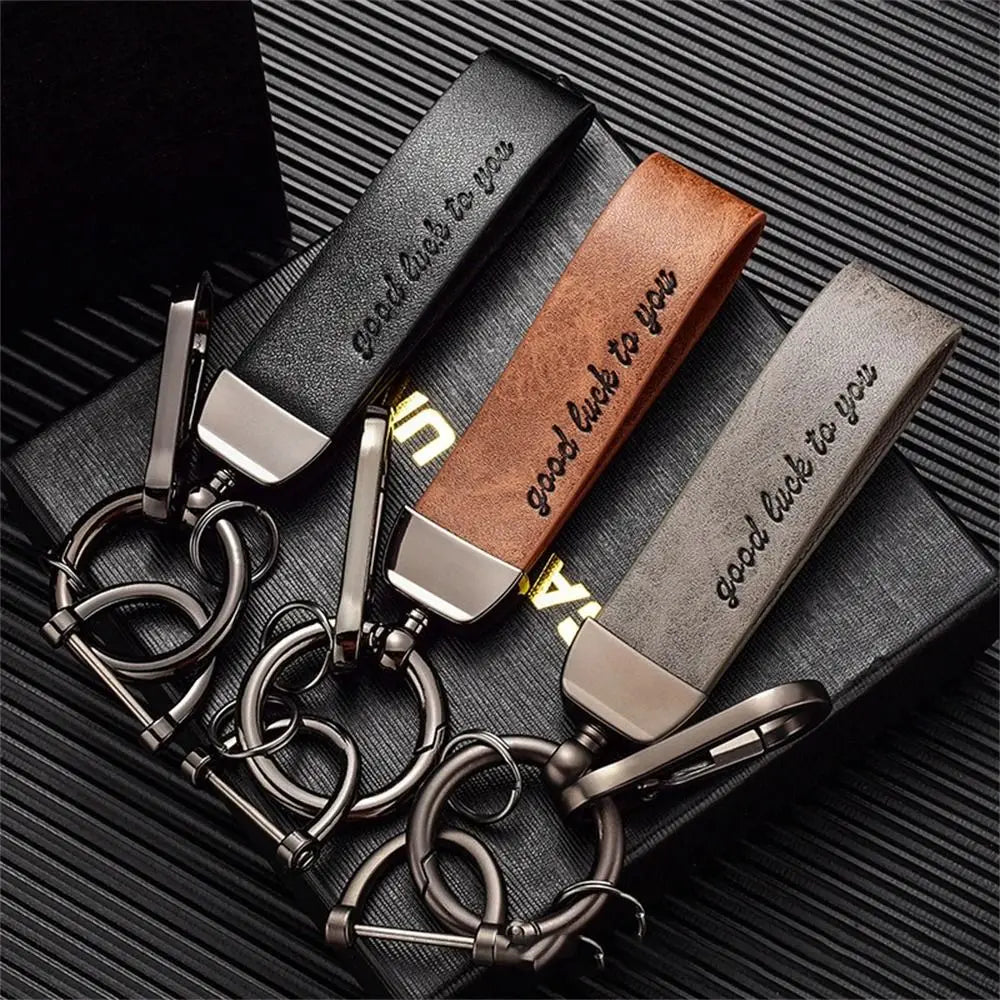 Crazy Horse Leather Car Keychain with Metal Ring
