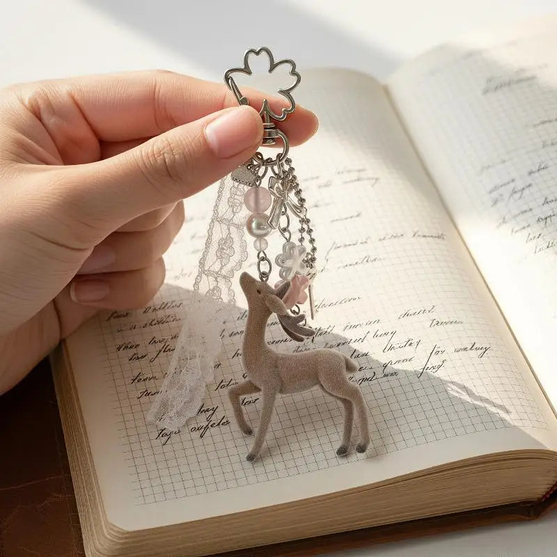 Deer Keychain Cute Handmade Korean Style DIY Bead Portable Phone Charm Pendant for Bag Purse Women Birthday Gift