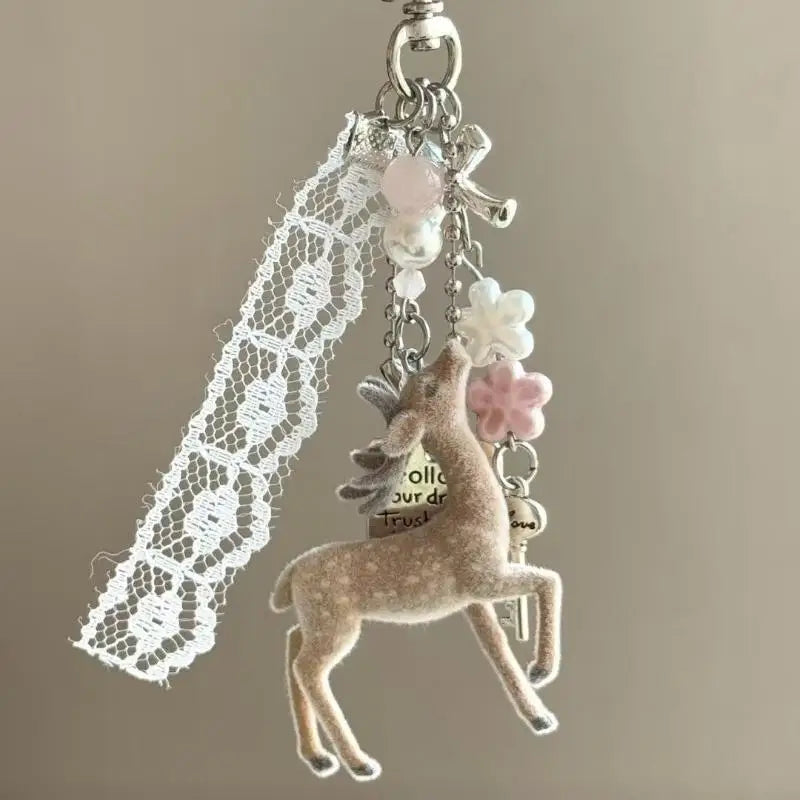 Deer Keychain Cute Handmade Korean Style DIY Bead Portable Phone Charm Pendant for Bag Purse Women Birthday Gift
