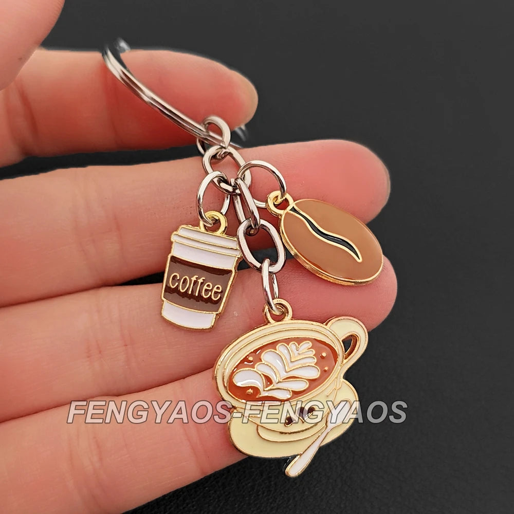 Coffee Theme Glass and Zinc Alloy Keychain
