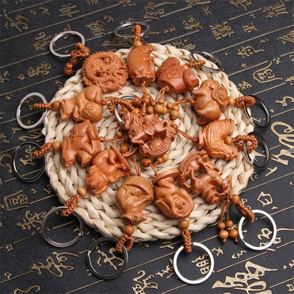 Carved Mahogany Zodiac Animal Keychain