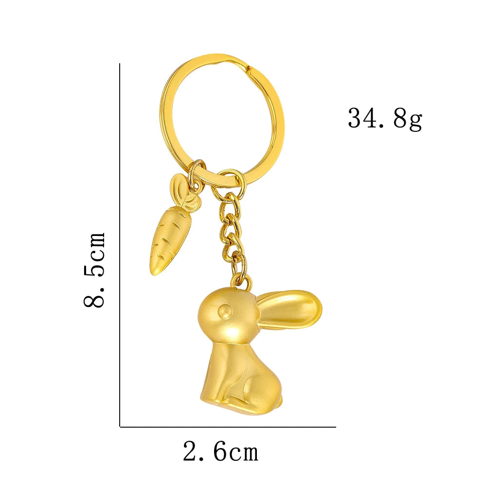 Rabbit and Carrot Metal Keychain in Satin Gold