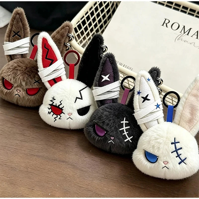 Plush Gothic Rabbit Head Keychain with Ear Piercings