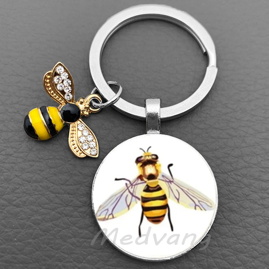 Bee-Themed Glass Dome Keychain with Charm