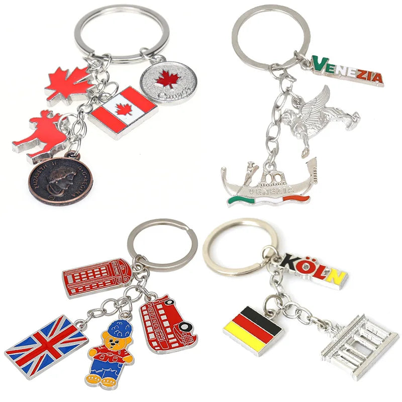 Enamel Flag Keychain Canada Germany Czech Venice UK London Building Alloy Drop Oil Pendant Travel Souvenir Car Bag Key Ring Gift