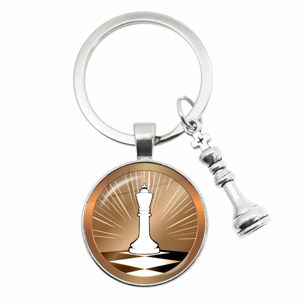 Chess Motif Glass Dome Keychain