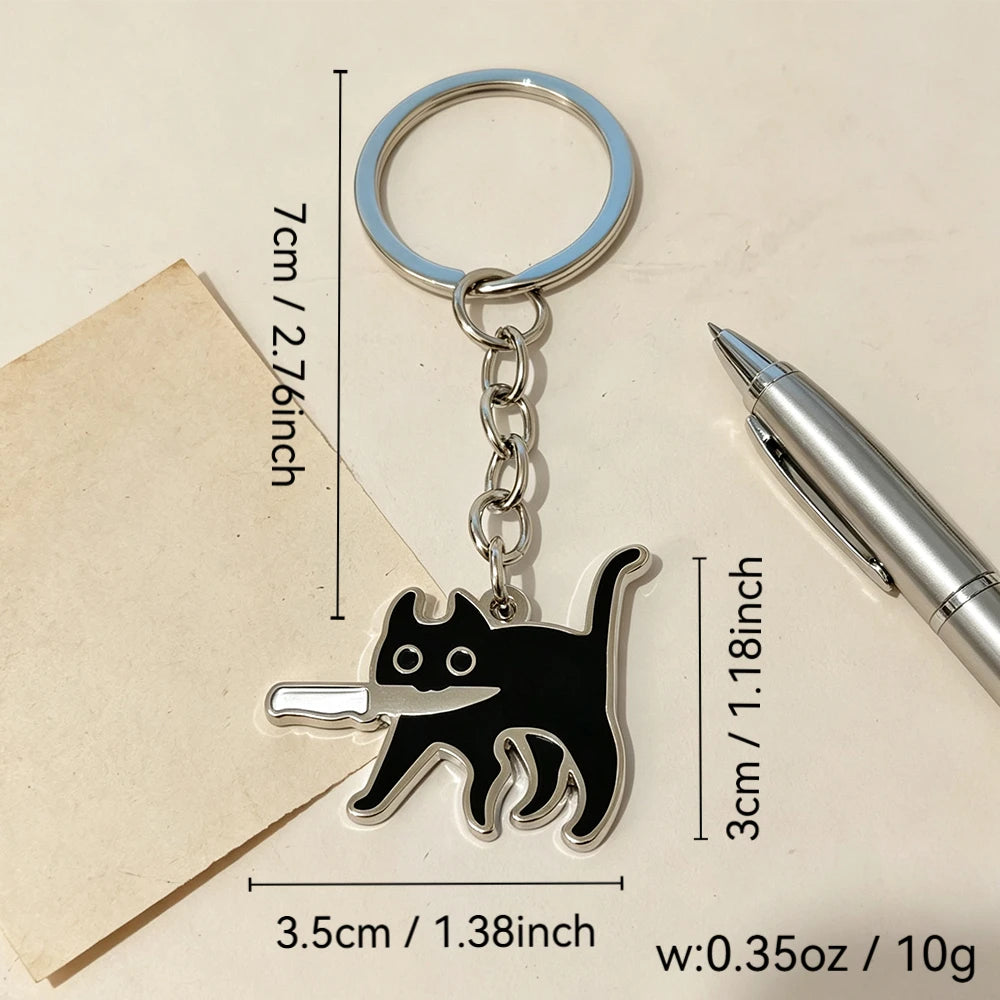 Black Cat with Knife Enamel Keychain