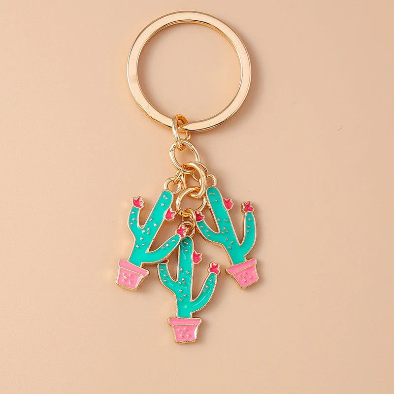 Enamel Cactus Keychain with Gold-Tone Clasp