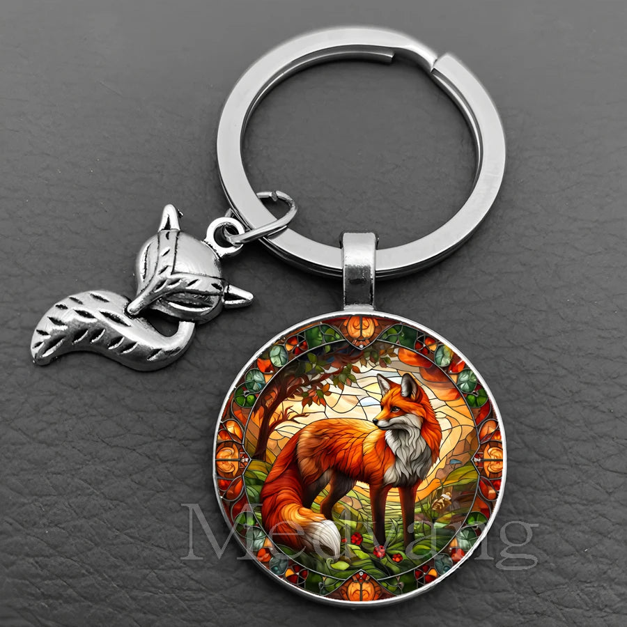 Fox Glass Cabochon Keychain with Sculpted Charm