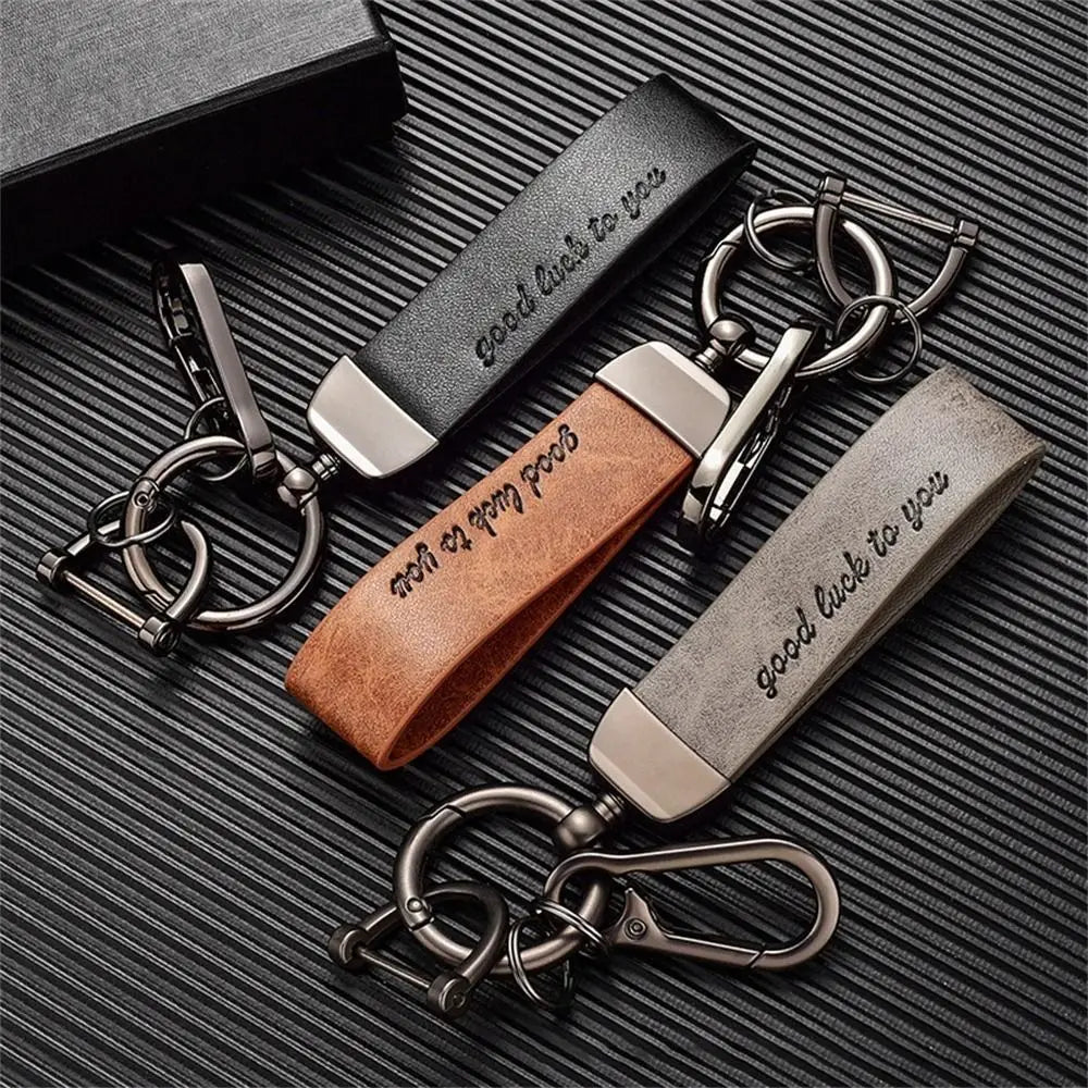 Crazy Horse Leather Car Keychain with Metal Ring