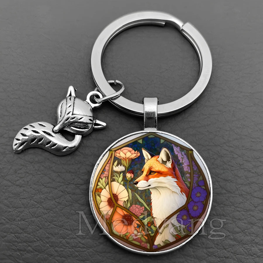 Fox Glass Cabochon Keychain with Sculpted Charm