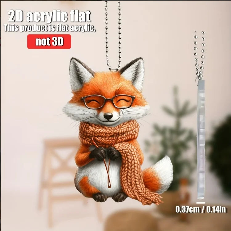 Adorable 2D Fox Keychain with Rose Acrylic Hanging Ornament Durable Car Pendant Lightweight Halloween Holiday Gift Charm for Car