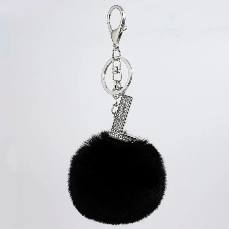 Black Plush Pom-Pom Keychain with Rhinestone Initial