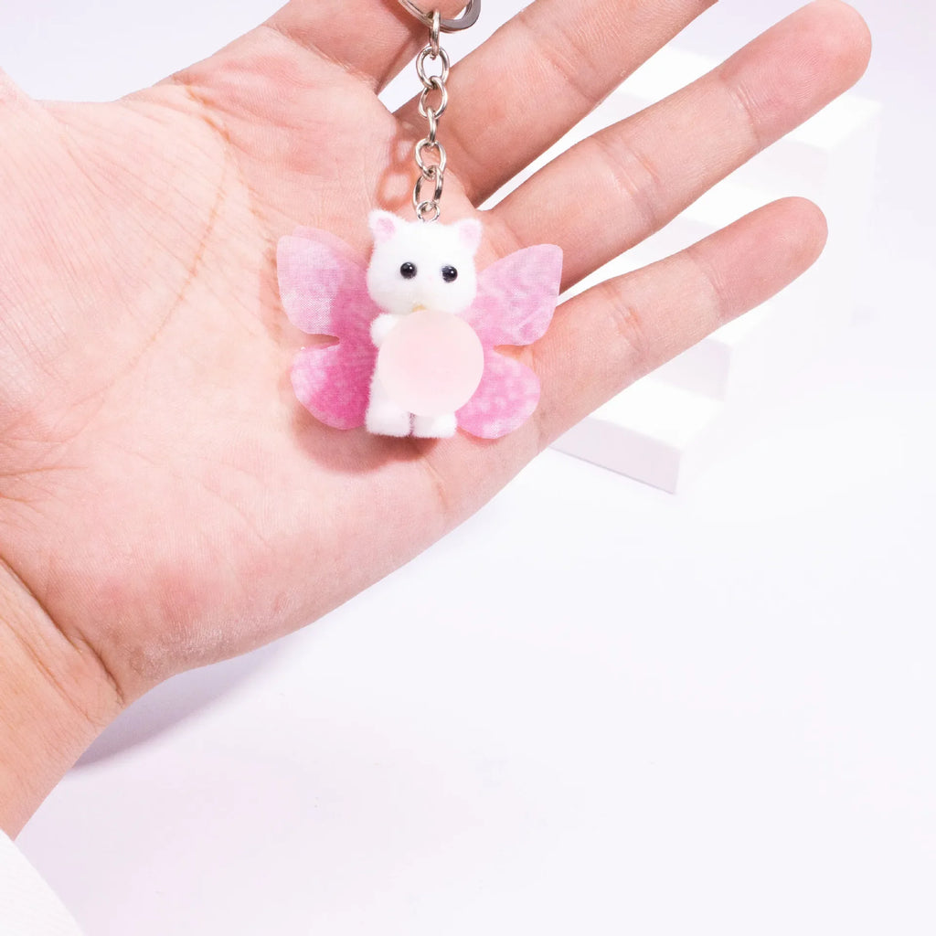 Flocked Cat Keychain with Butterfly Wings