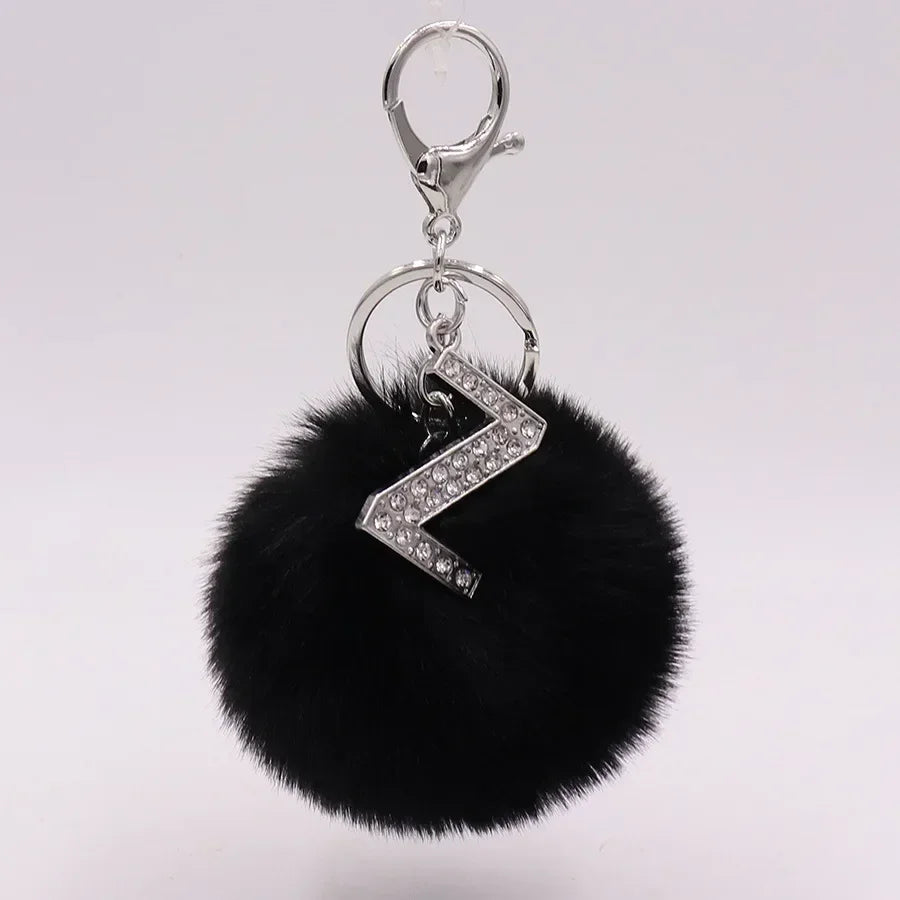 Black Plush Pom-Pom Keychain with Rhinestone Initial