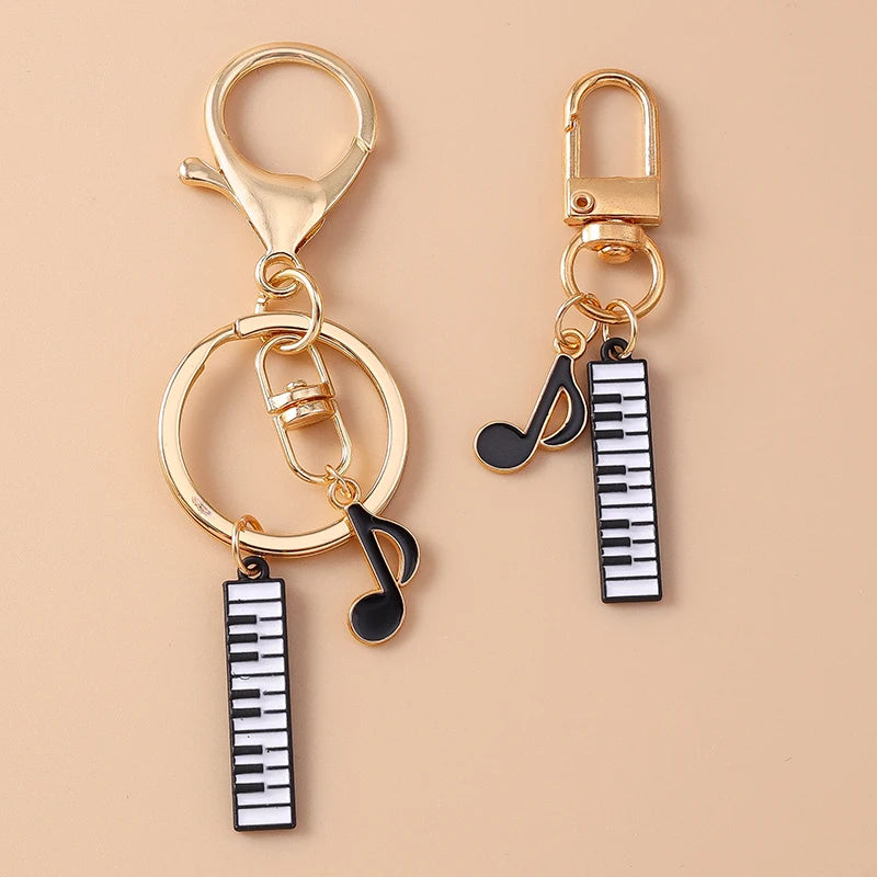 Piano and Music Note Keychain in Gold Tone