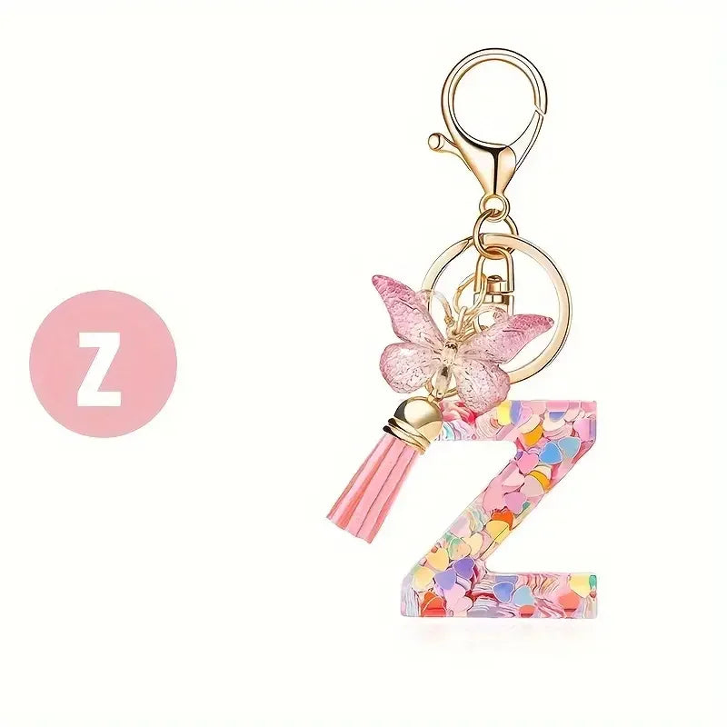 Initial Letter Keychain with Butterfly and Tassel