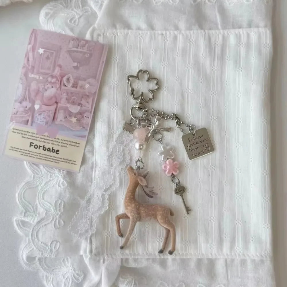 Cute Deer Keychain for Women Jewelry Handmade Korean Style Portable Phone Charms Bag Pendant Fashion Jewelry Accessories