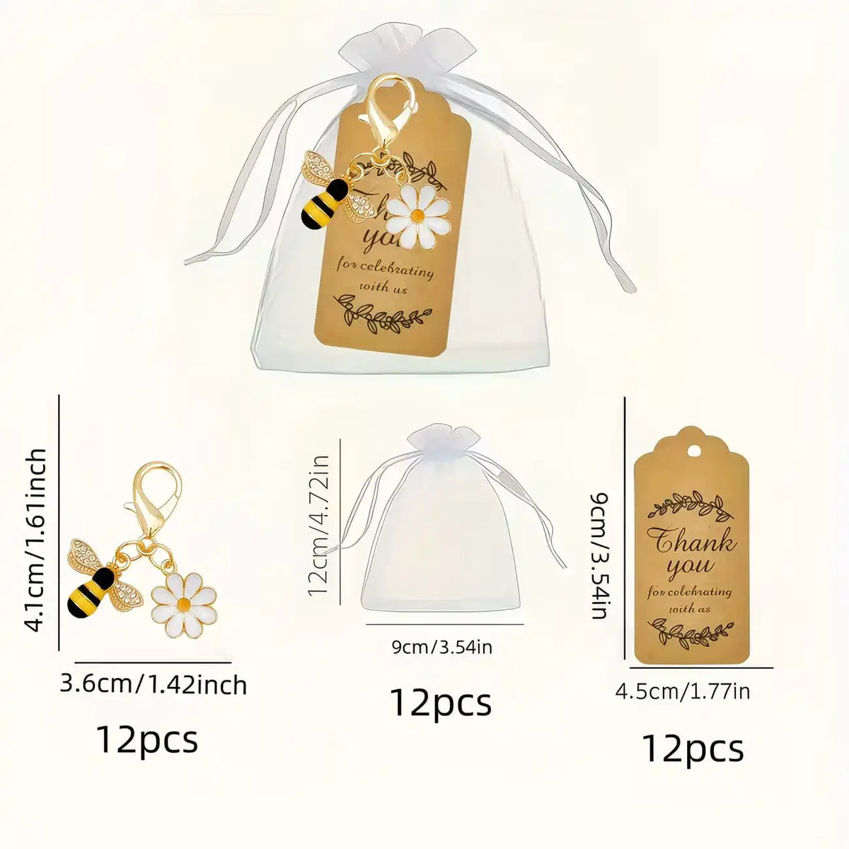 36-Piece Bee and Daisy Keychain Set: Includes 12 Bee Keychains, 12 Cards, and 12 Tulle Bags.