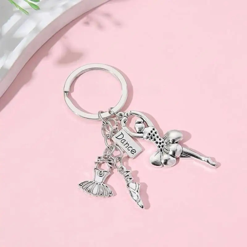 Ballet Dancer Charm Keychain in Silver Tone