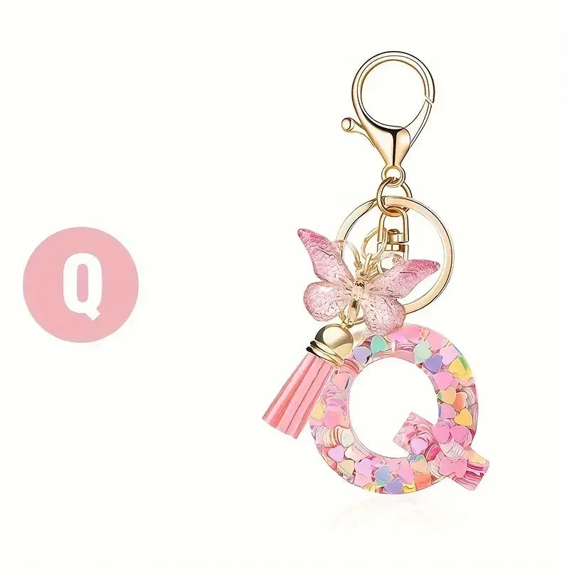 Initial Letter Keychain with Butterfly and Tassel