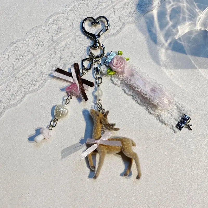Deer Keychain Cute Handmade Korean Style DIY Bead Portable Phone Charm Pendant for Bag Purse Women Birthday Gift