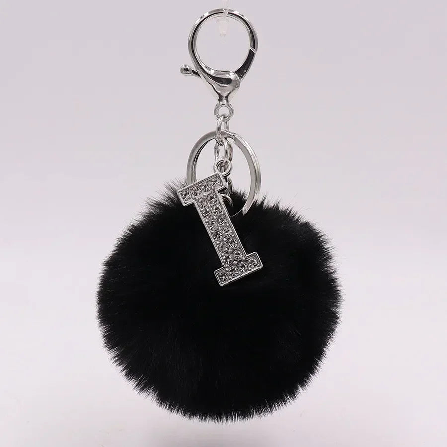 Black Plush Pom-Pom Keychain with Rhinestone Initial
