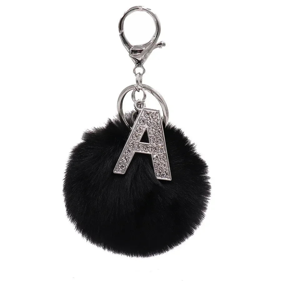 Black Plush Pom-Pom Keychain with Rhinestone Initial