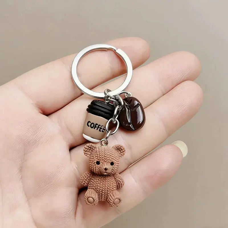 Bear Coffee Charm Keychain with Metal Ring